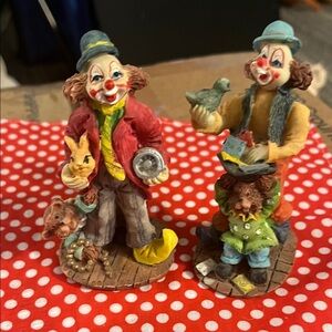 Whimsical Clown Figurine Duo in Red and Yellow